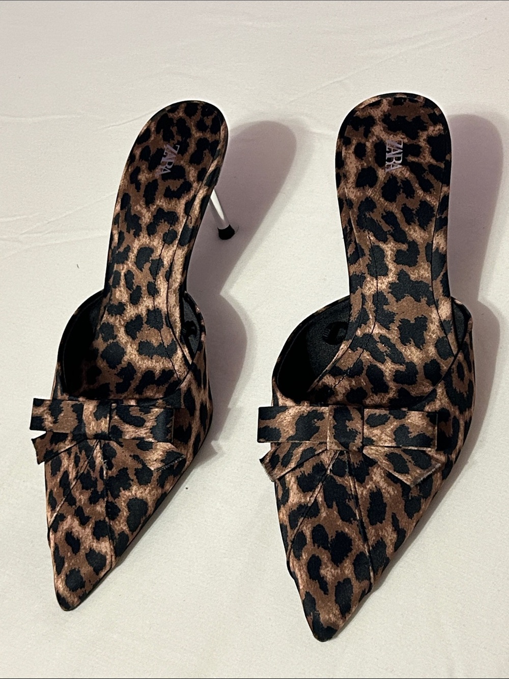 Zara Leopard Print Pointed Toe Slide Mules in Brown and Black